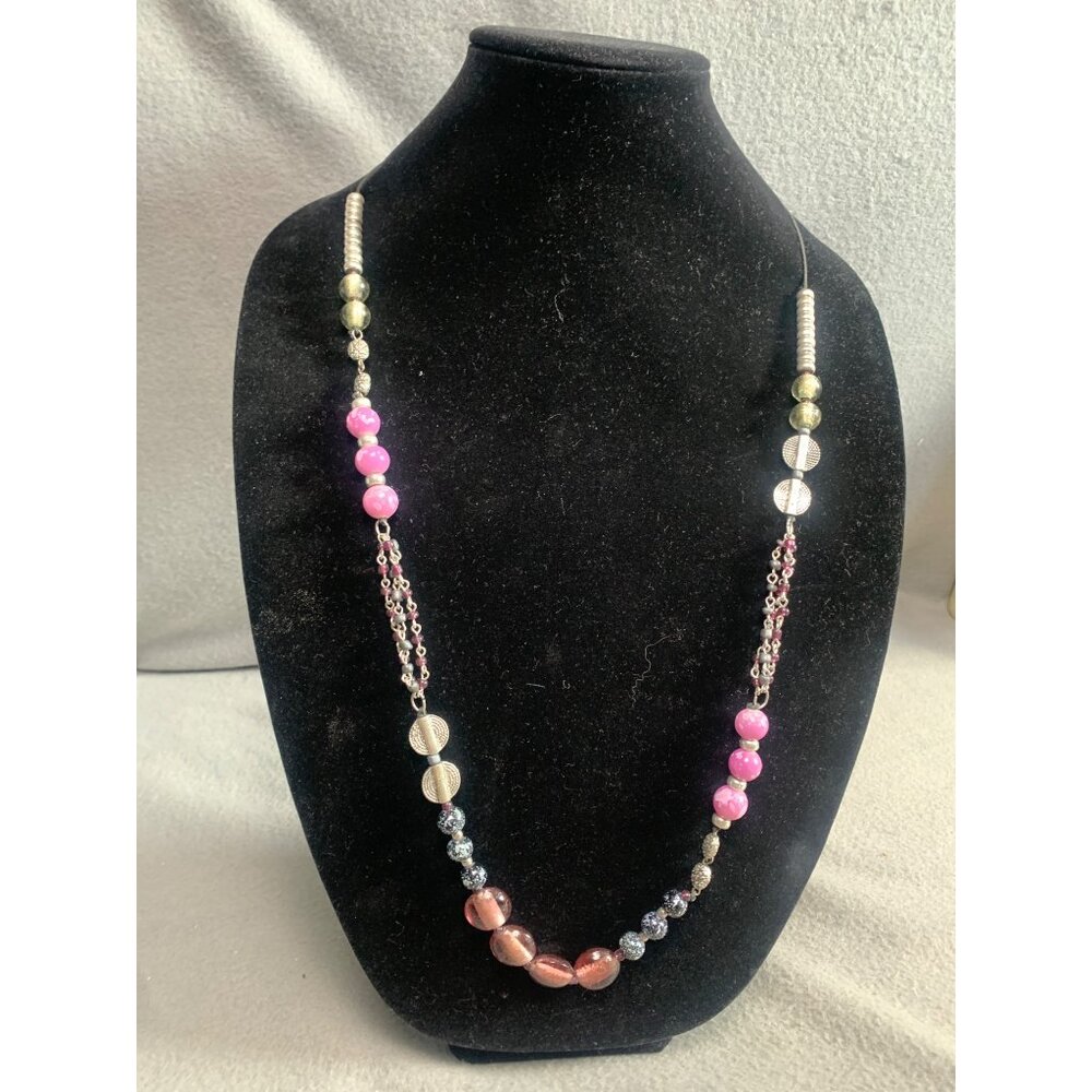 Colorful Beaded Long Necklace with Pink & Metallic Beads 34"